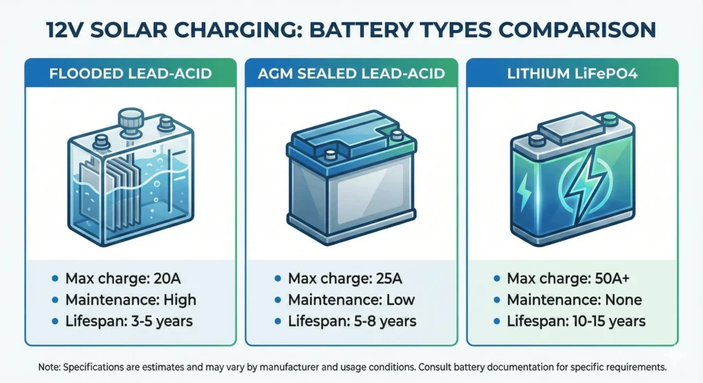 Comparison infographic showing flooded lead acid AGM and lithium battery charging characteristics for solar panel systems
