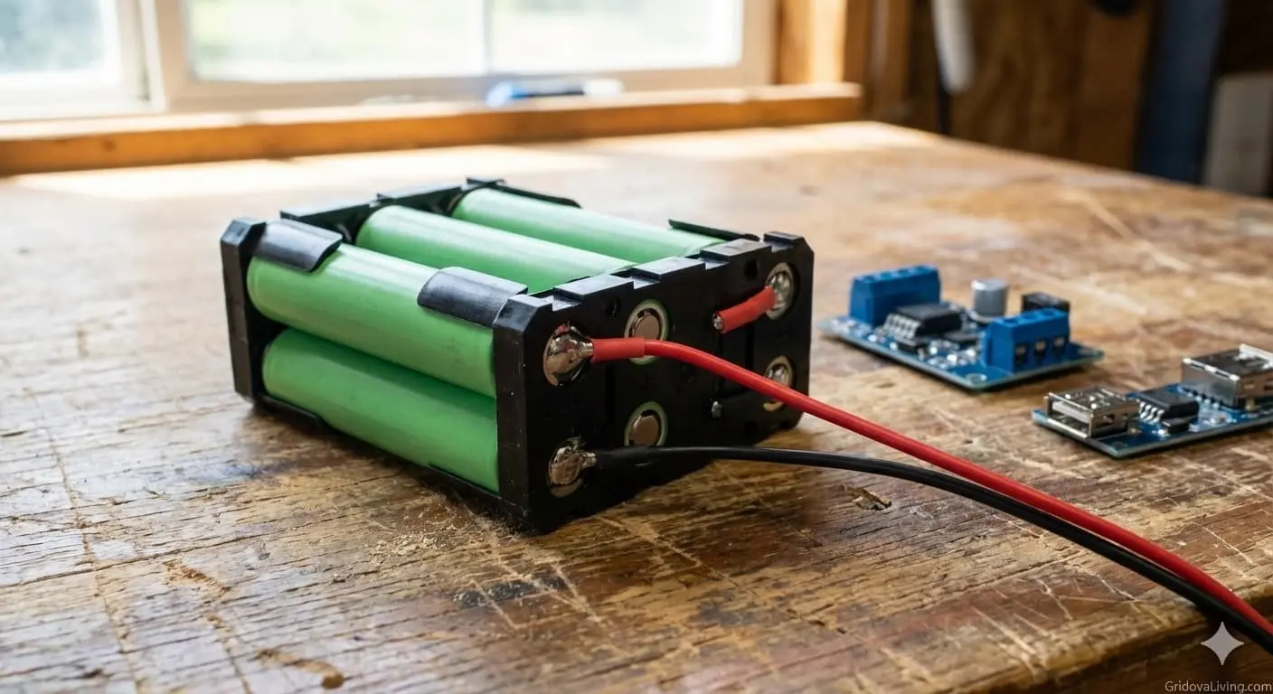 Four green 18650 battery cells installed in black plastic holder with red and black wires, blue charge controller module and USB output module on wooden workbench - GridovaLiving.com