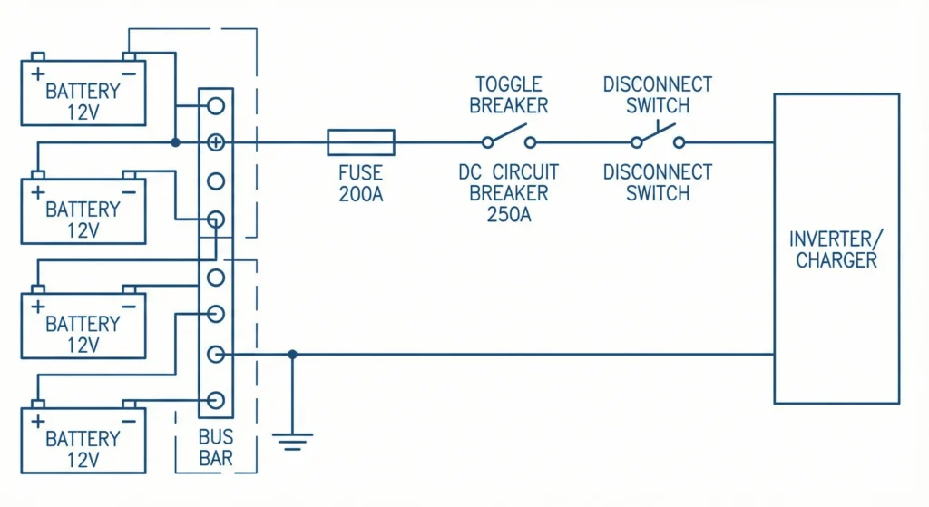 Safety wiring diagram showing proper fuse placement and breaker locations for off-grid battery bank protection