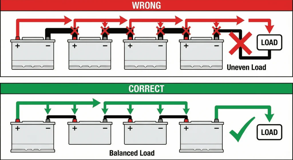 Diagram comparing incorrect versus correct parallel battery wiring showing distributed load connections for balanced current flow
