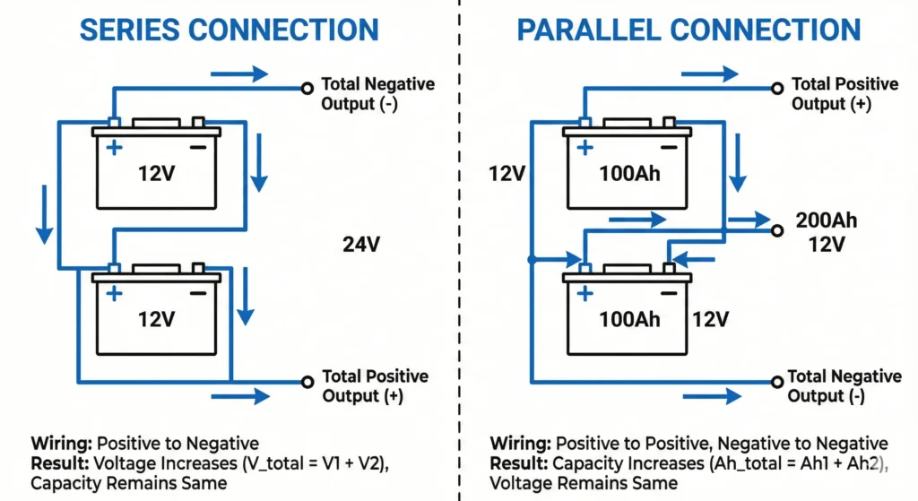 Technical diagram showing series and parallel battery wiring configurations for off-grid systems with voltage and capacity examples
