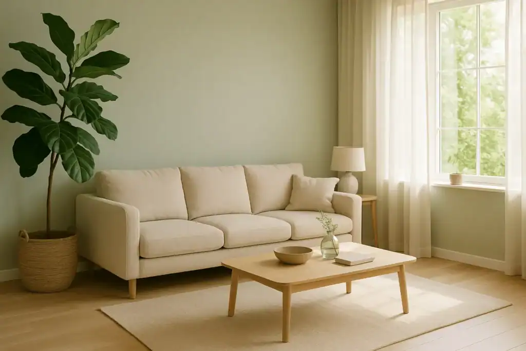 Calm modern living room with natural light and indoor plant