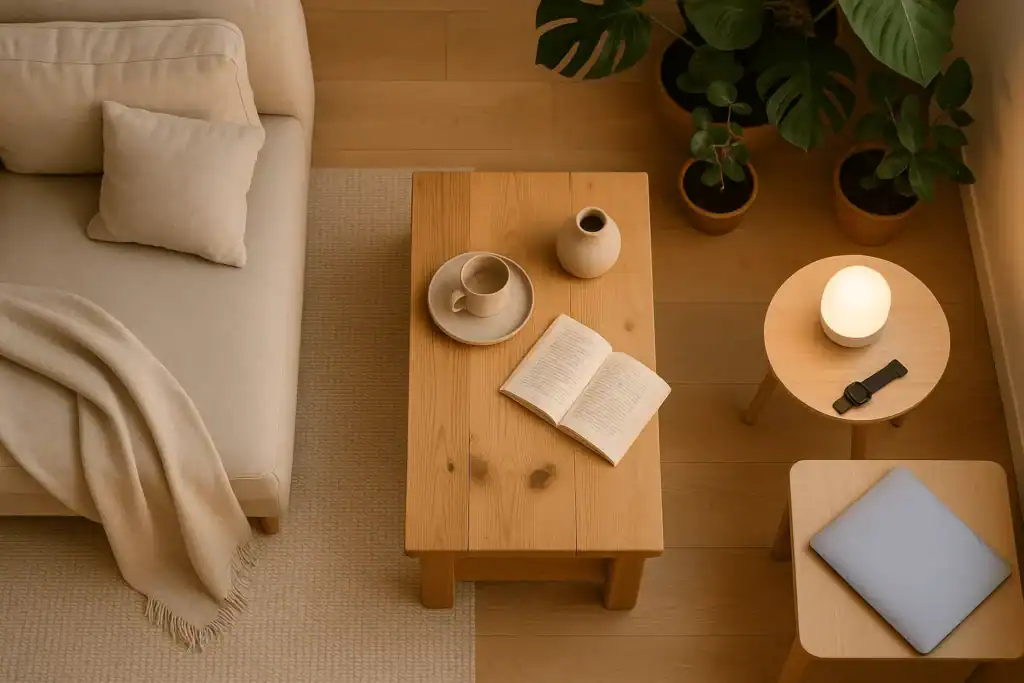 Eco-friendly calm home mini upgrades on a wooden table
