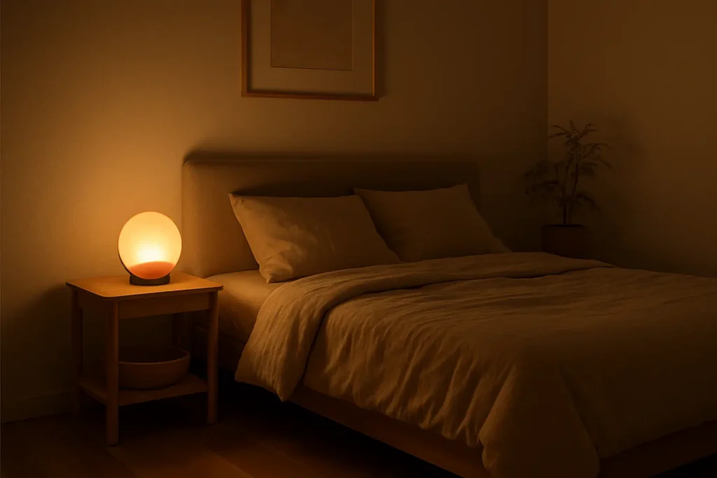 Minimalist bedroom with a sunrise smart lamp and silent air purifier