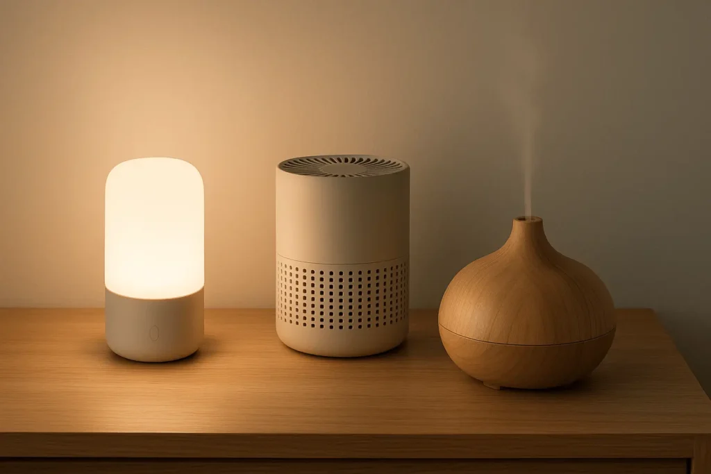 Minimal bedside setup with calm smart tech devices and warm lighting