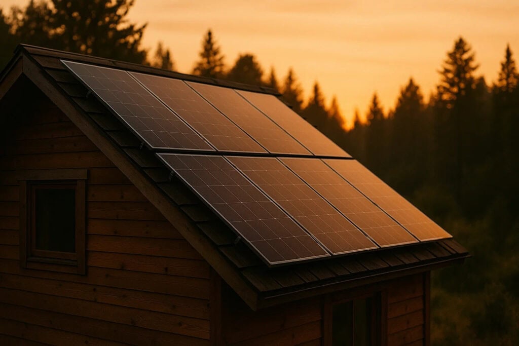 Clean solar panels reflecting sunset light on an off-grid cabin — sustainable living
