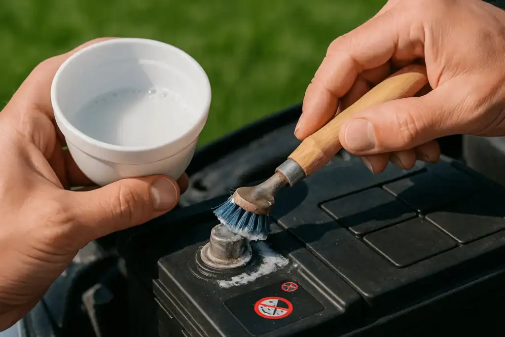 Cleaning corrosion from solar battery terminals using brush and baking soda — Gridova Living guide.