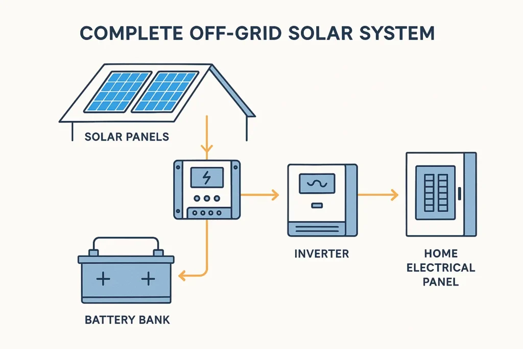 Complete off-grid solar system diagram showing connection between solar panels, charge controller, battery bank, inverter and home electrical system