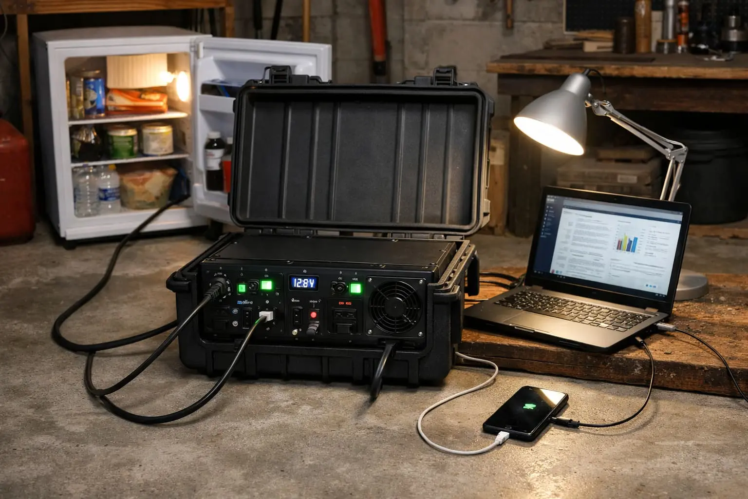 Completed DIY solar generator simultaneously powering fridge, laptop, phone, and lights demonstrating real-world emergency backup capacity