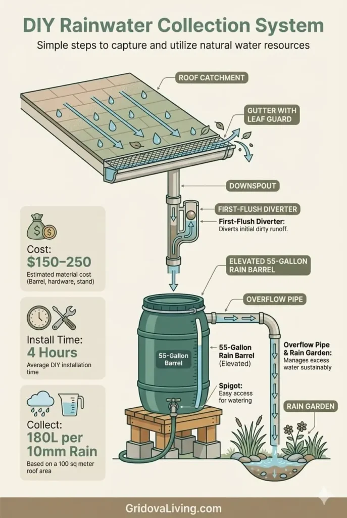 DIY rainwater collection system infographic showing roof, gutters, rain barrel, spigot, overflow and setup costs
