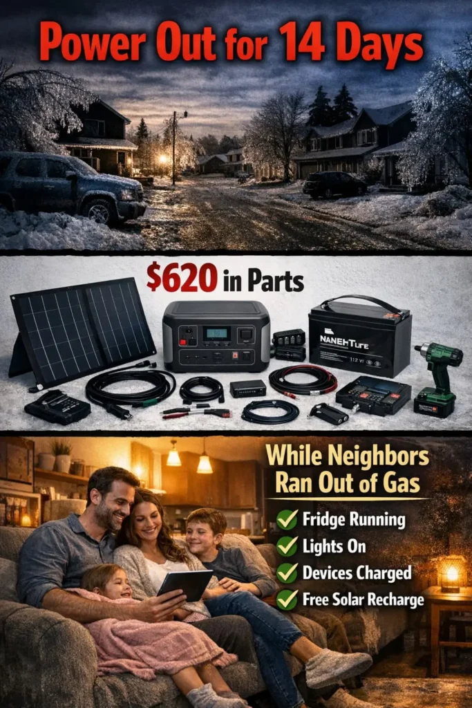 Pinterest pin showing DIY solar generator as solution for 14-day power outage costing only $620 in Amazon parts