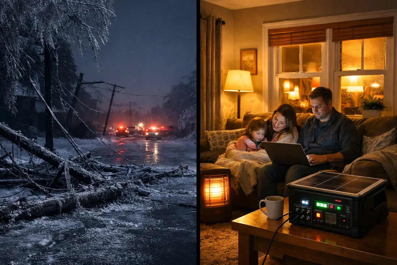 DIY solar generator powering home during 14-day ice storm blackout while neighborhood remains dark showing emergency backup success