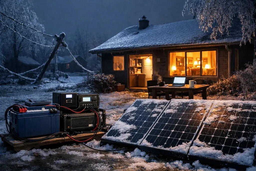 DIY solar generator powering a home during a winter ice storm blackout while surrounding houses remain without power