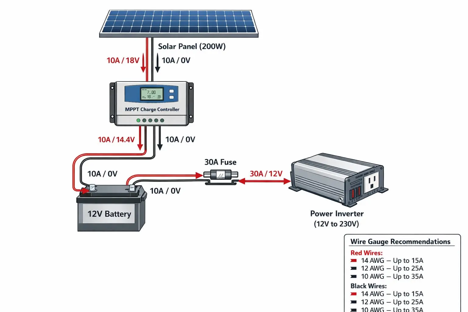 DIY solar generator wiring diagram showing proper connections between solar panel, charge controller, battery, and inverter with safety fuses