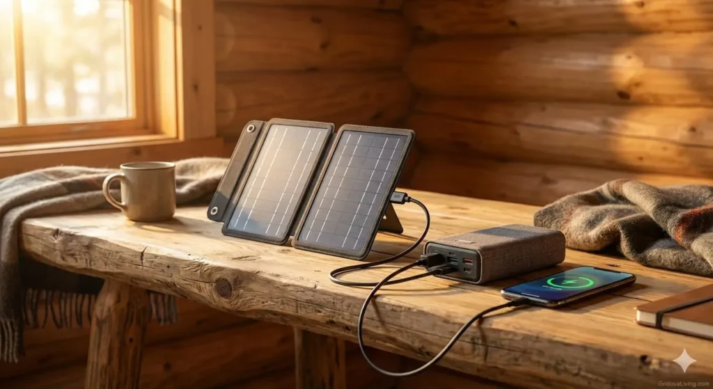 DIY solar power bank on rustic wooden cabin table charging smartphone via USB cable, warm natural window lighting, off-grid living setup - GridovaLiving.com