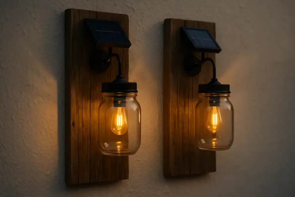 DIY solar wall sconces mounted on wooden boards with warm ambient glow.