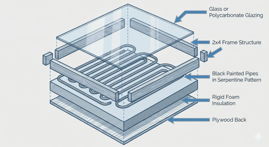 Construction diagram of DIY solar water heater collector box showing insulation layers pipe layout and glazing assembly