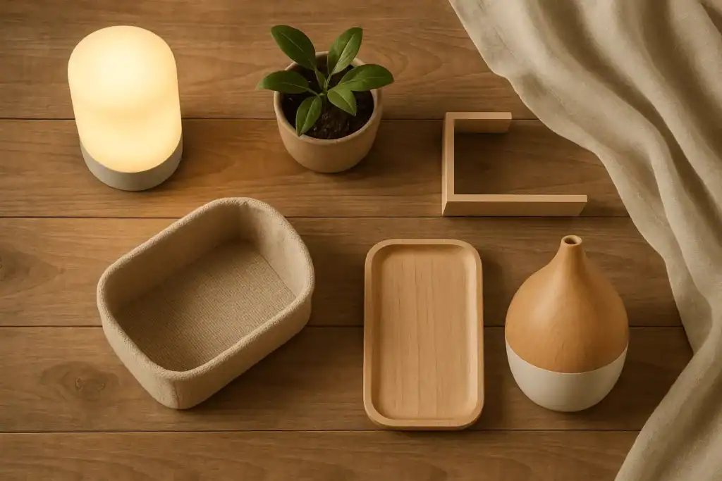 Eco-friendly calm home mini upgrades on a wooden table
