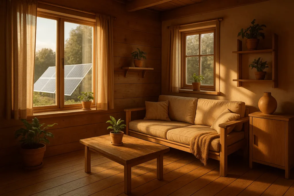 eco lifestyle habits inside an off-grid home with natural light