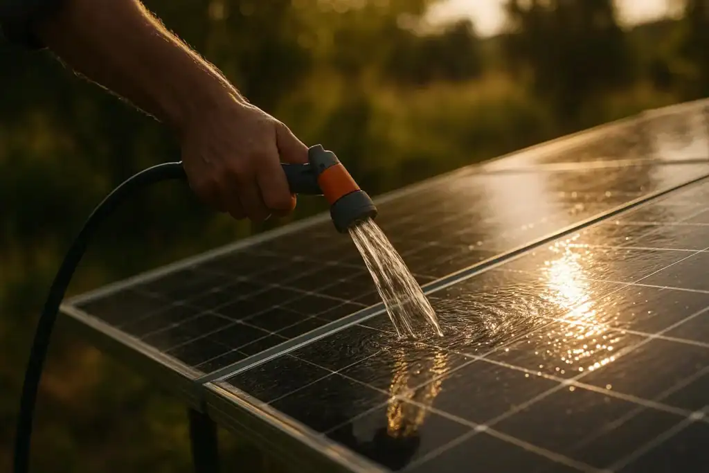 Gently rinsing solar panels with low-flow water — no pressure washer