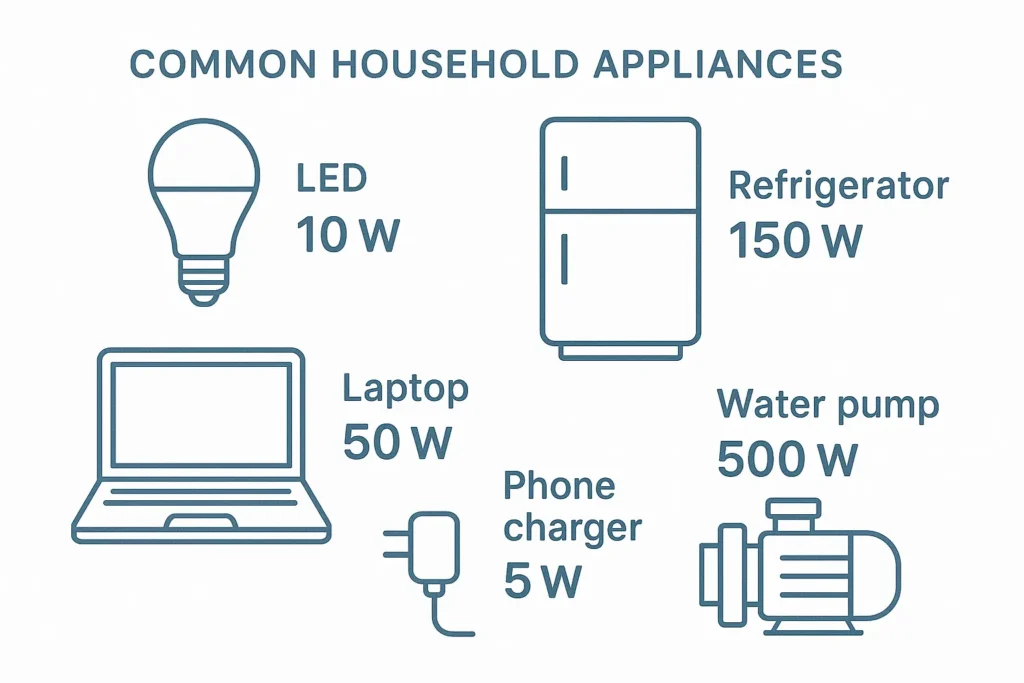Chart showing typical wattage consumption of common household appliances including lights, refrigerator, laptop and water pump