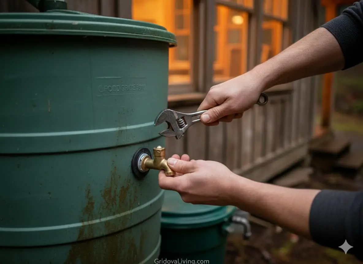 Step-by-step installation of rainwater barrel spigot showing hands using wrench to secure fittings with rubber gaskets