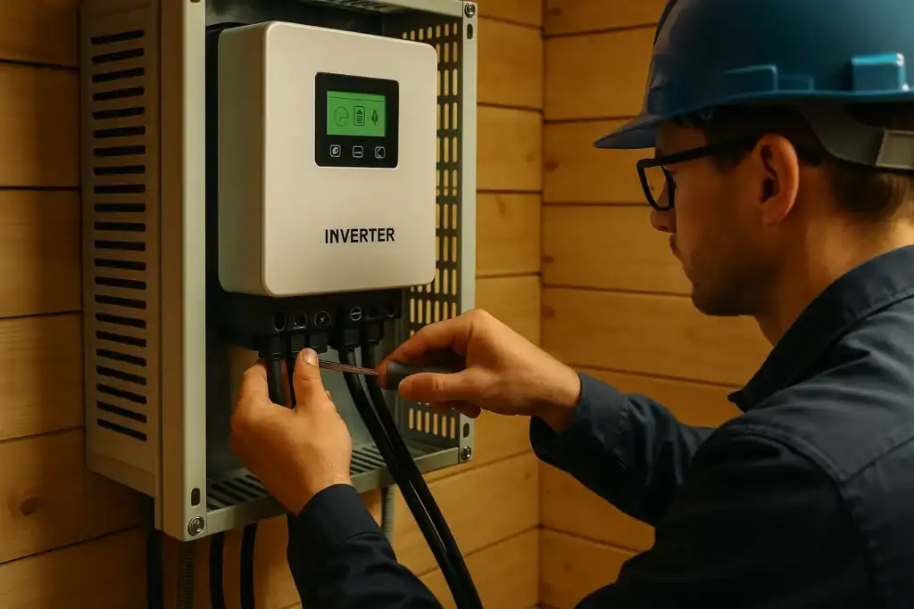 Technician tightening inverter cables during safe off-grid installation — Gridova Living DIY setup.