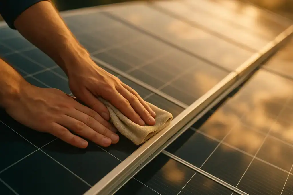 Microfiber cloth removing water spots on solar panel edges