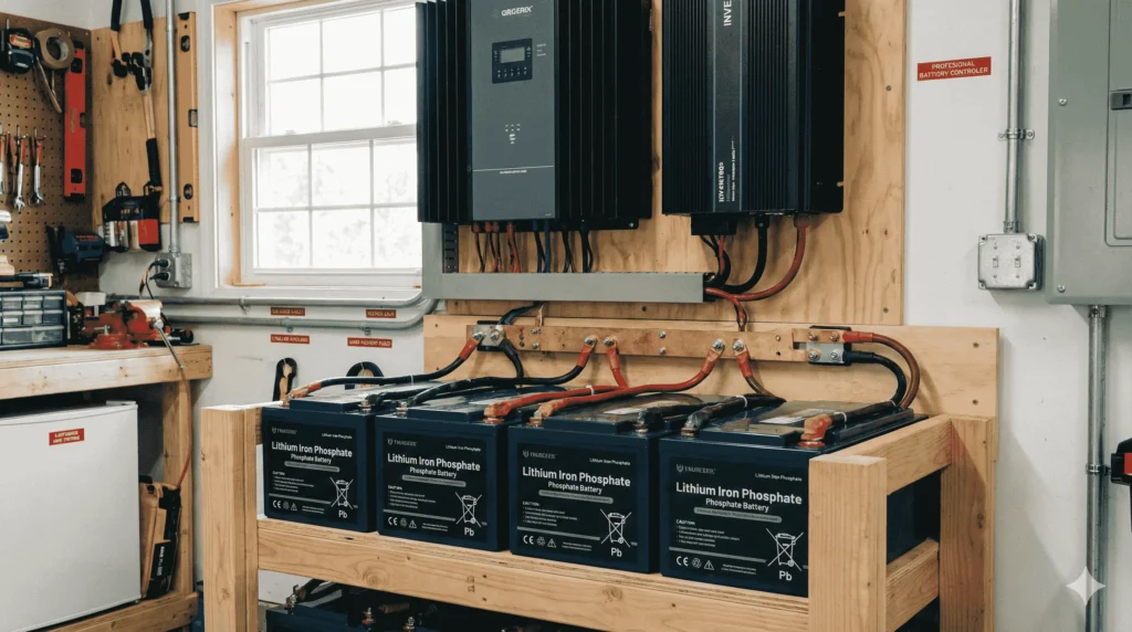 Off-grid battery bank installation showing proper wiring connections between lithium batteries charge controller and inverter