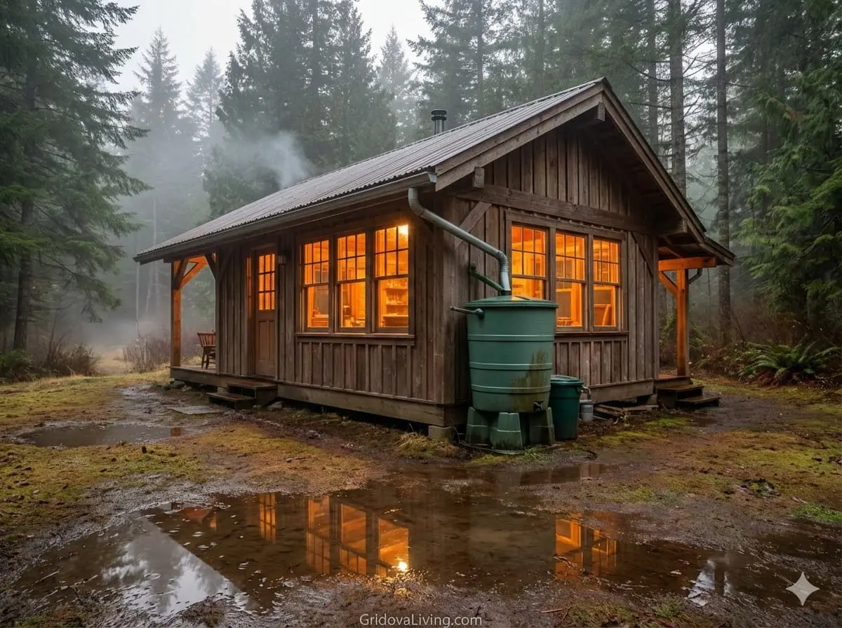 Off-grid wooden cabin with rainwater collection barrel system at dusk showing sustainable water harvesting setup in forest setting