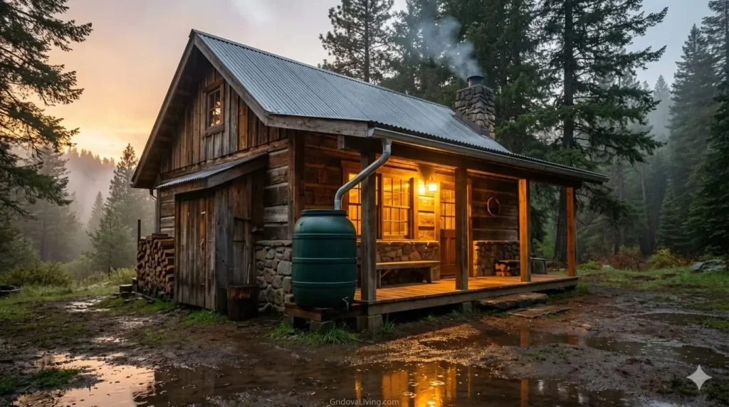 Off-grid cabin with rainwater collection barrel system connected to roof downspout