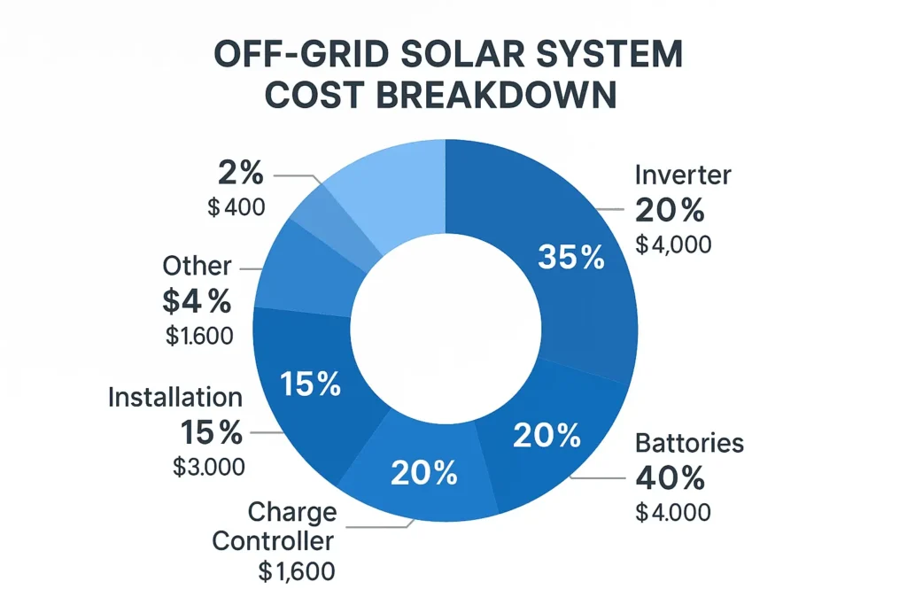 Pie chart infographic showing complete cost breakdown of off-grid solar system including panels batteries inverter and installation 
