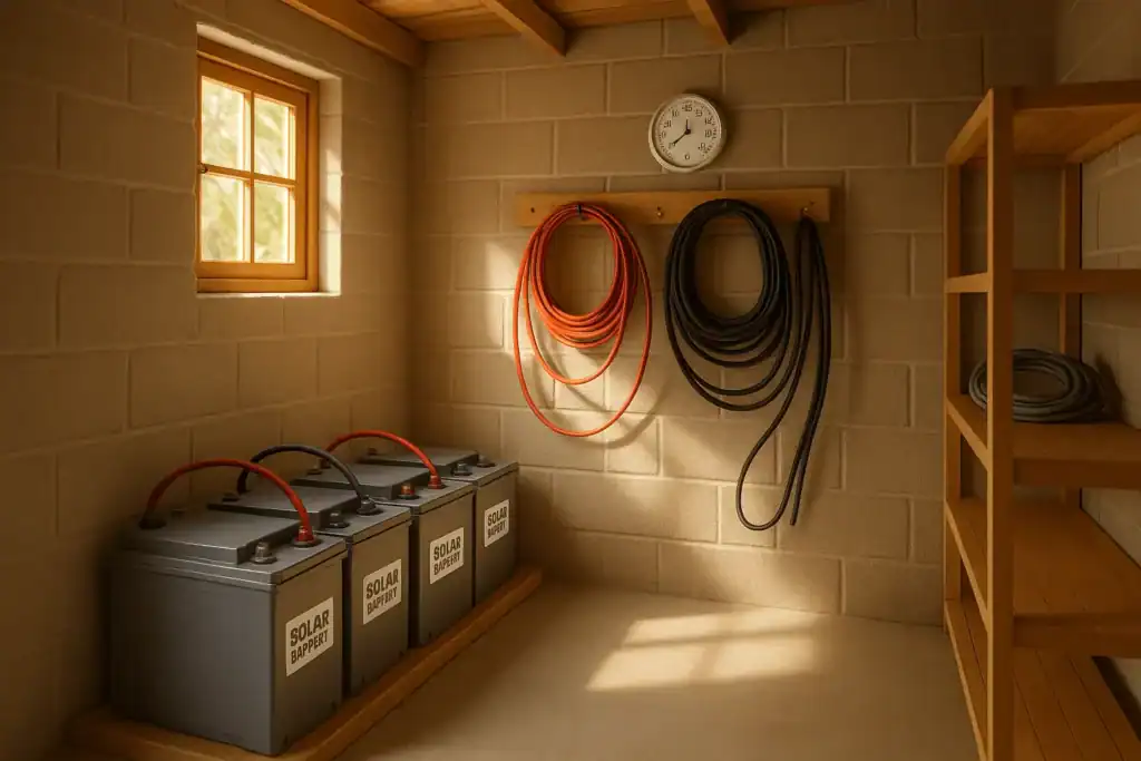 Off-grid solar batteries stored in a ventilated room during winter — Gridova Living.