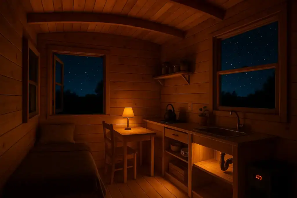 Tiny off-grid cabin lit by solar inverter power at night — peaceful sustainable living — Gridova Living.