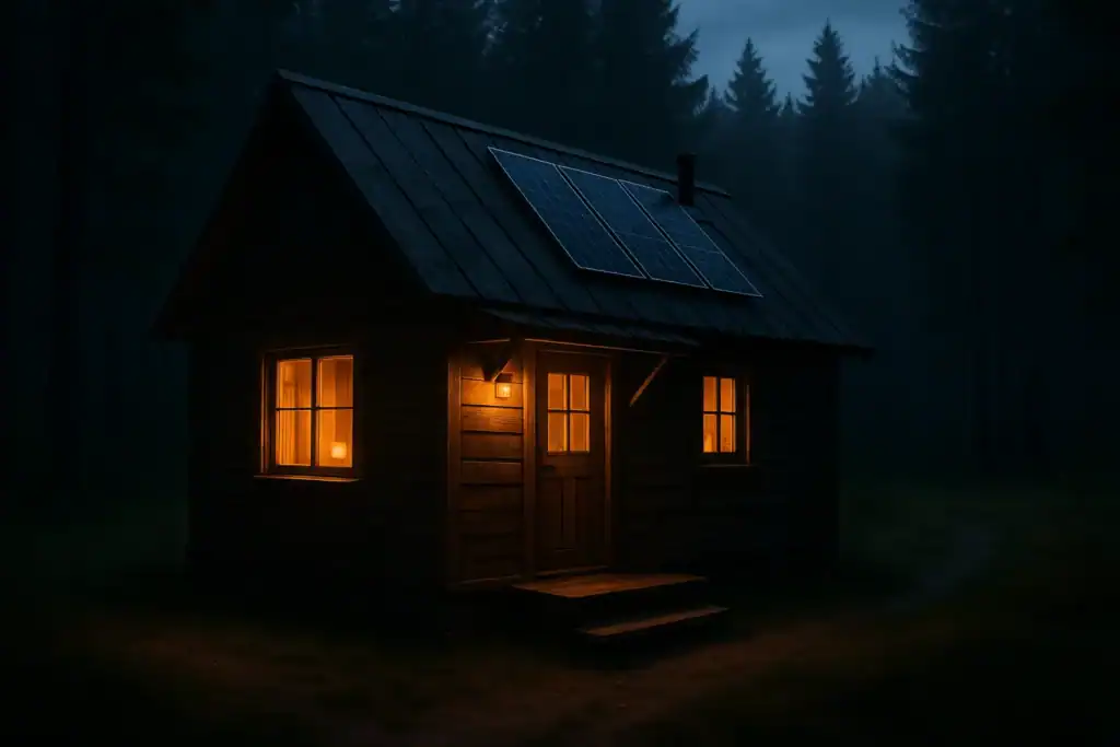 Off-grid cabin lit by solar battery power at night — sustainable living inspiration.
