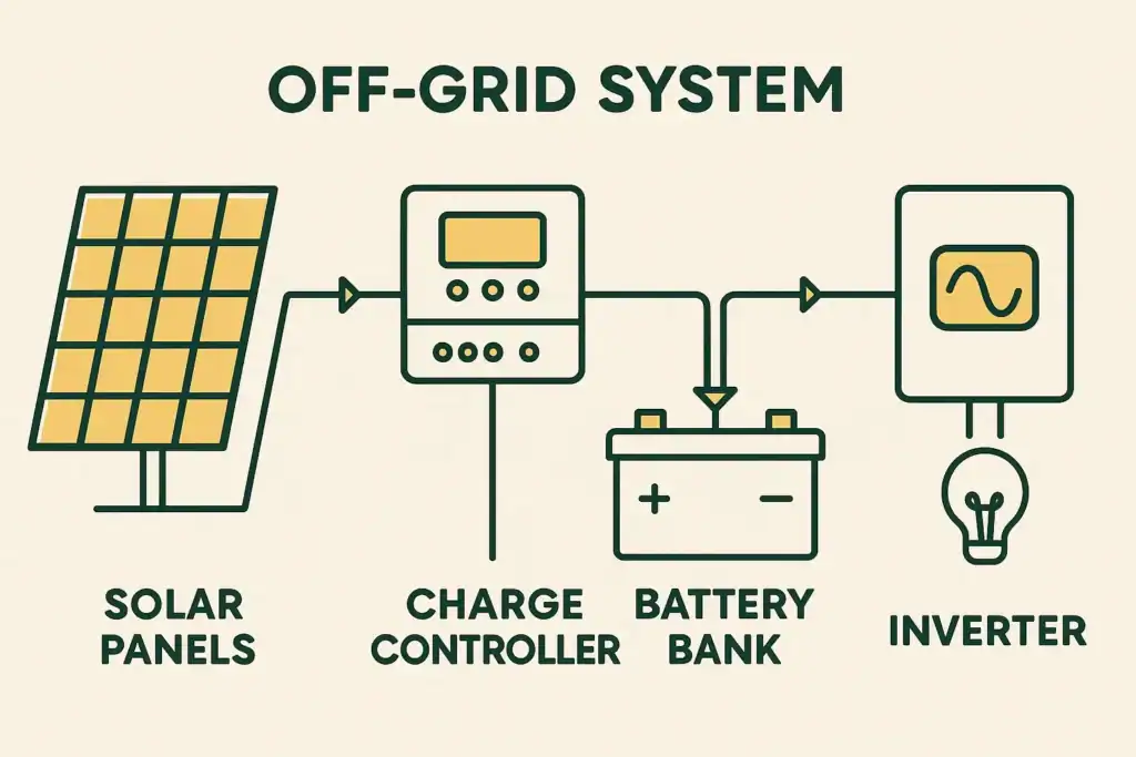 Simple off-grid inverter wiring diagram showing solar panels, charge controller, battery bank, and inverter — Gridova Living.