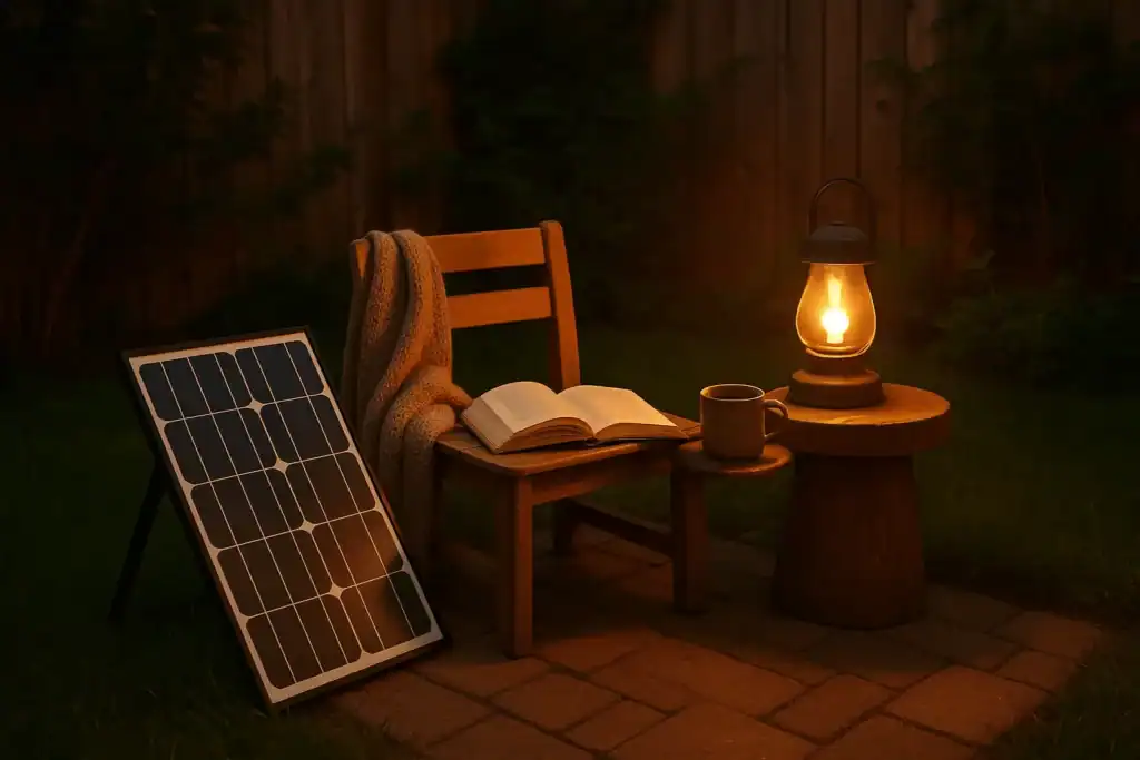 Portable solar panel powering a small lamp in a cozy backyard reading corner.
