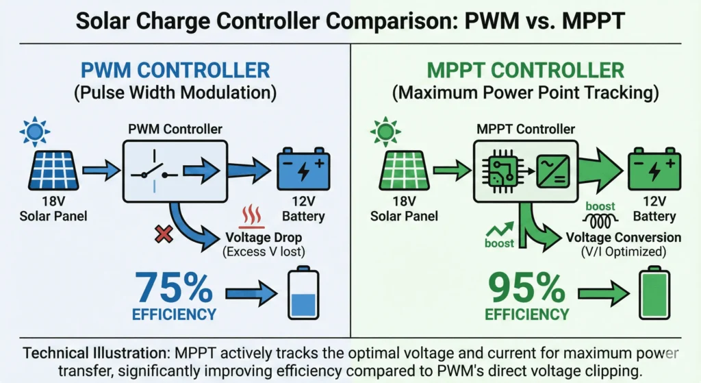 Side by side comparison diagram showing PWM versus MPPT charge controller efficiency with voltage conversion