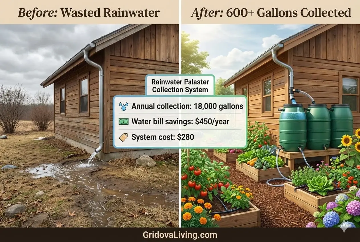 Before and after comparison showing off-grid cabin with rainwater collection system collecting 600 gallons monthly