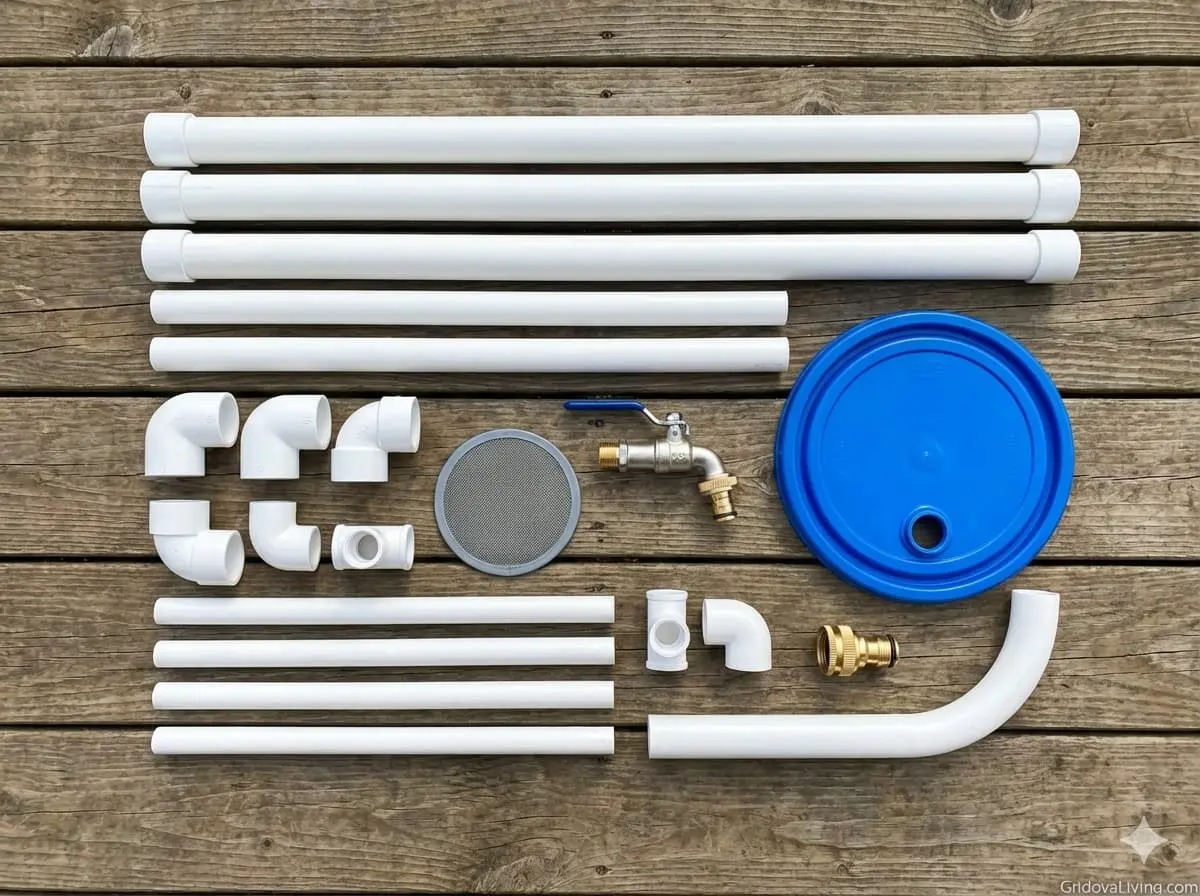 Complete rainwater collection system components including PVC pipes filters spigots and fittings arranged for DIY installation