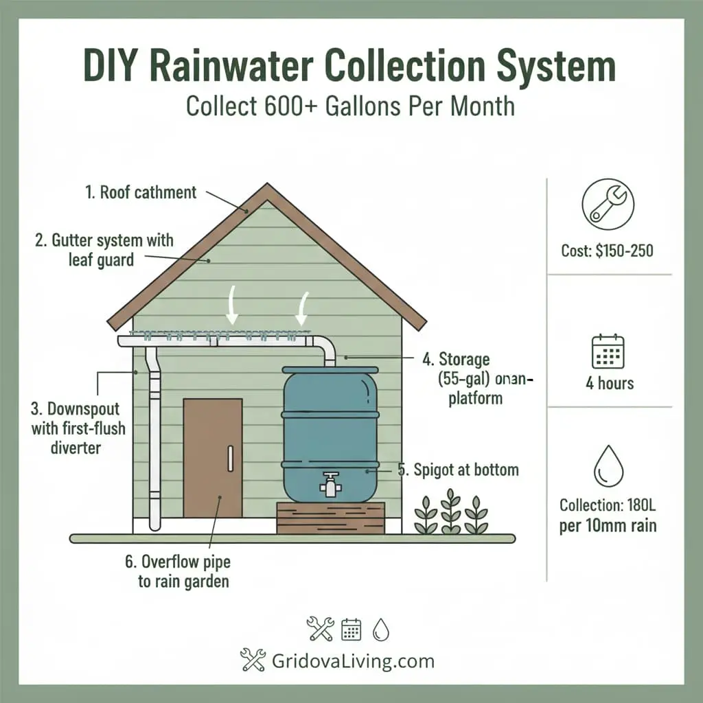 Complete rainwater collection system diagram showing roof catchment gutter downspout storage barrel and overflow components