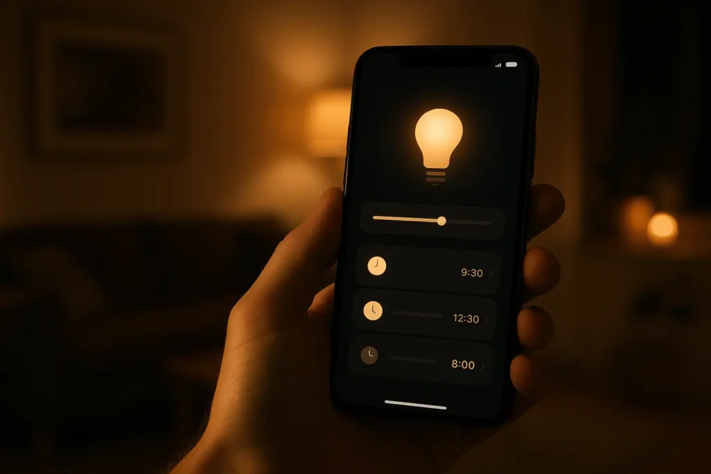 Smart home app controlling warm dimmed lighting in a calm living room