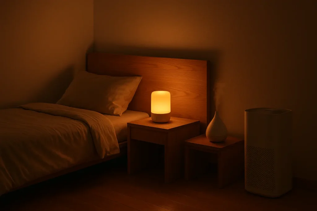 Small modern apartment at night with warm smart lights in each room