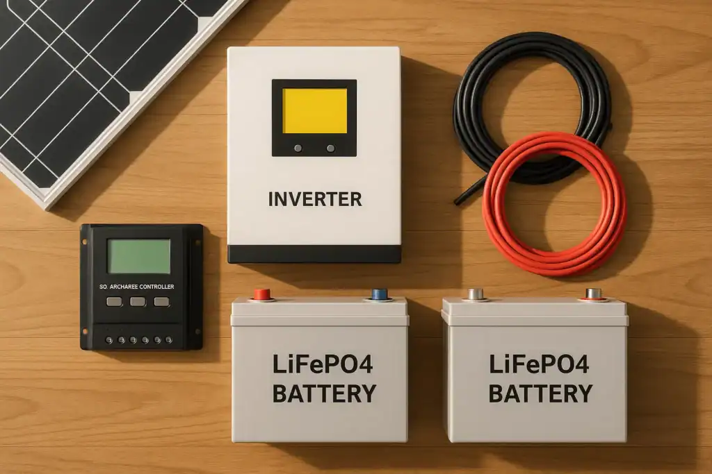 Solar panels, inverter, charge controller, and batteries arranged on a wooden table — Gridova Living