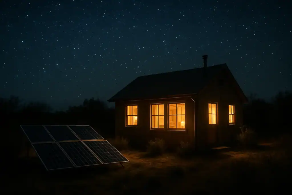Off-grid home at night powered by solar battery storage system