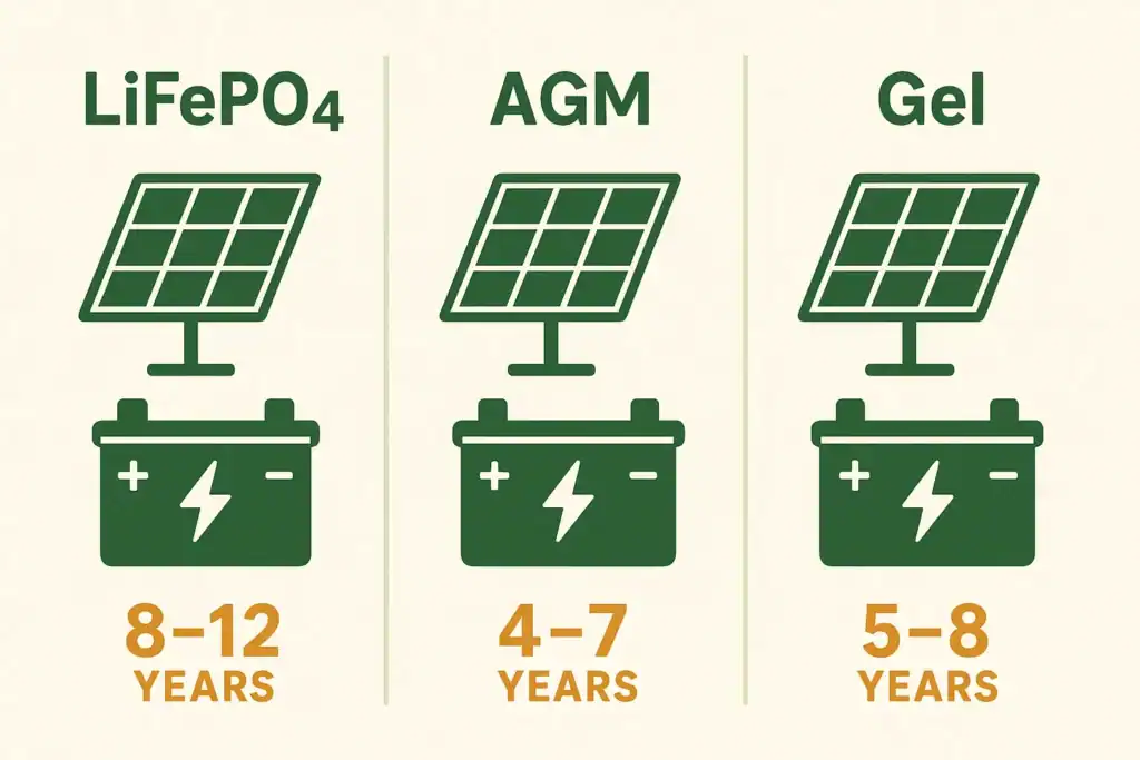 Infographic comparing LiFePO4, AGM, and Gel solar batteries with lifespan and maintenance tips.