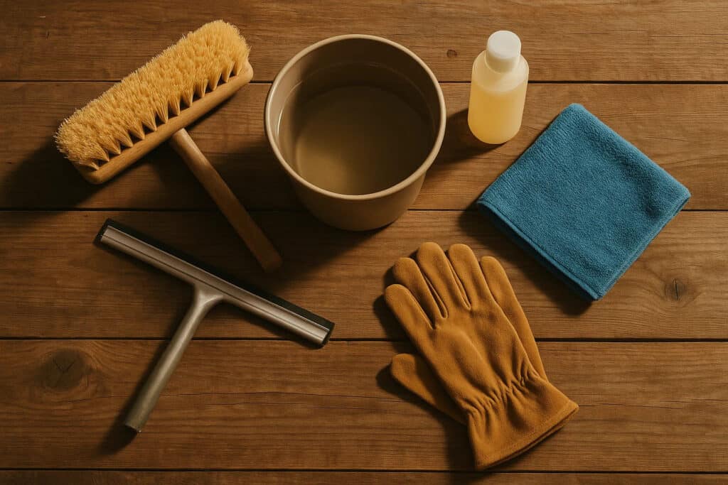 Soft brush, squeegee, bucket, mild soap and microfiber — solar panel cleaning kit