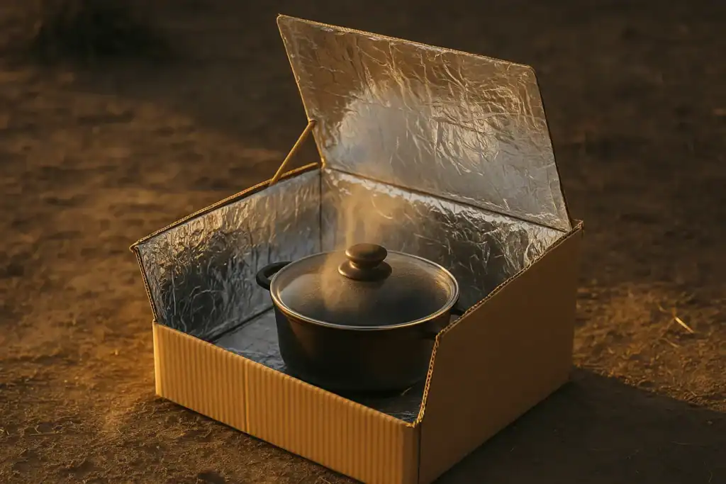 Black pot heating inside DIY solar cooker under glass cover — sunlight cooking system.