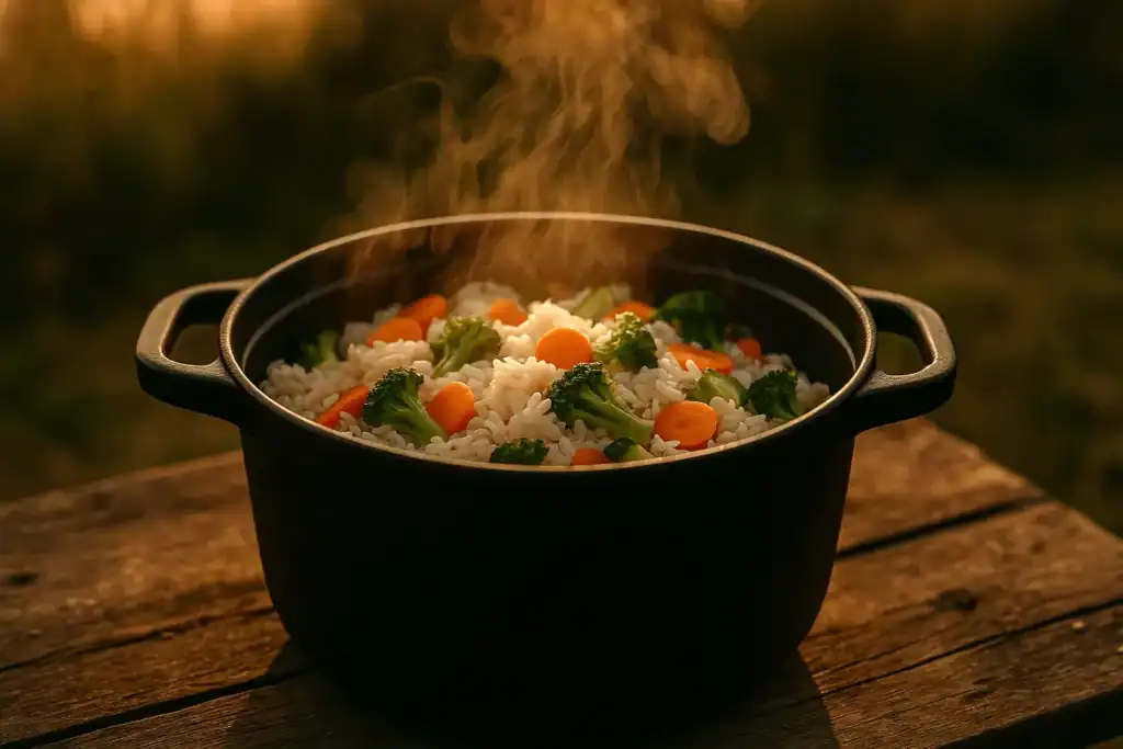 Off-grid meal cooked with DIY solar cooker outdoors — Gridova Living.