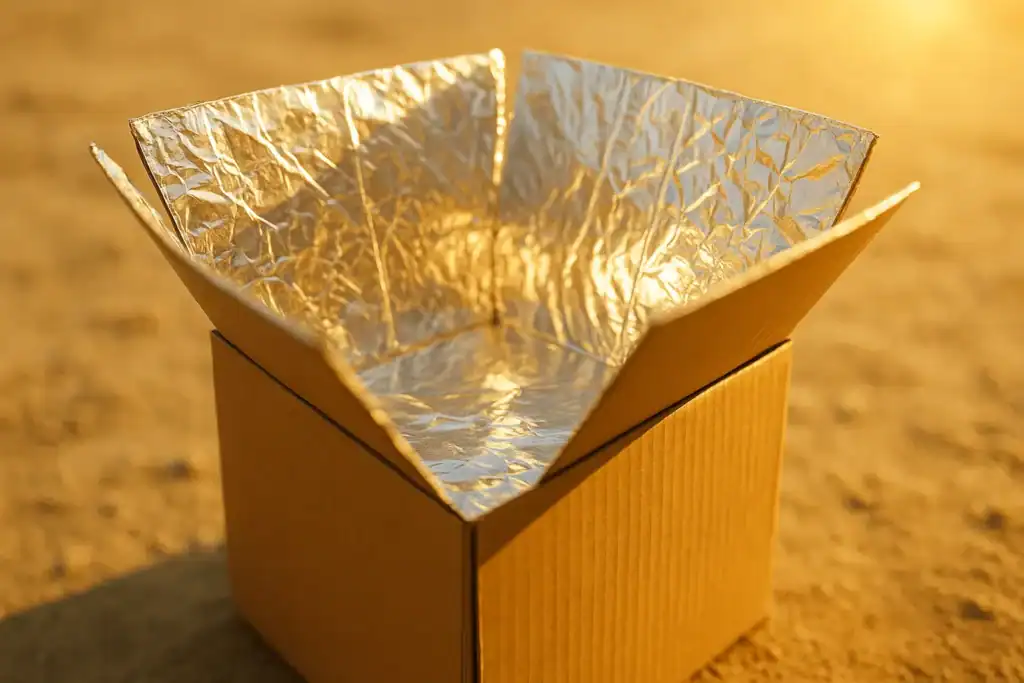Reflective aluminum foil inside solar cooker focusing sunlight to center.